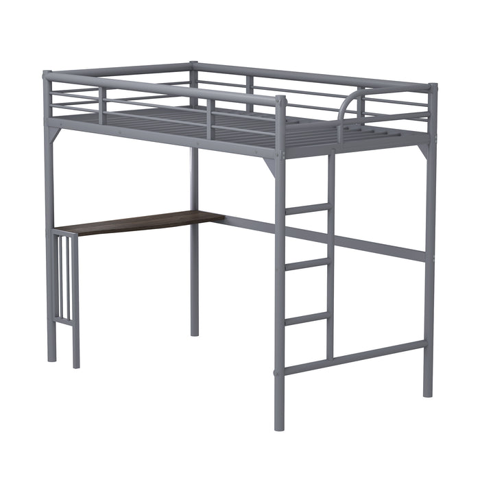 Silver Twin Metal loft Bed with Desk Ladder and Guardrails lowrysfurniturestore