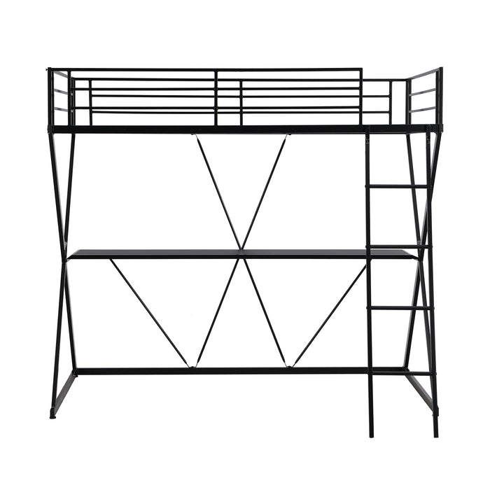 Black Twin Size Loft Bed with Desk Ladder and Full-Length Guardrails X-Shaped Frame lowrysfurniturestore
