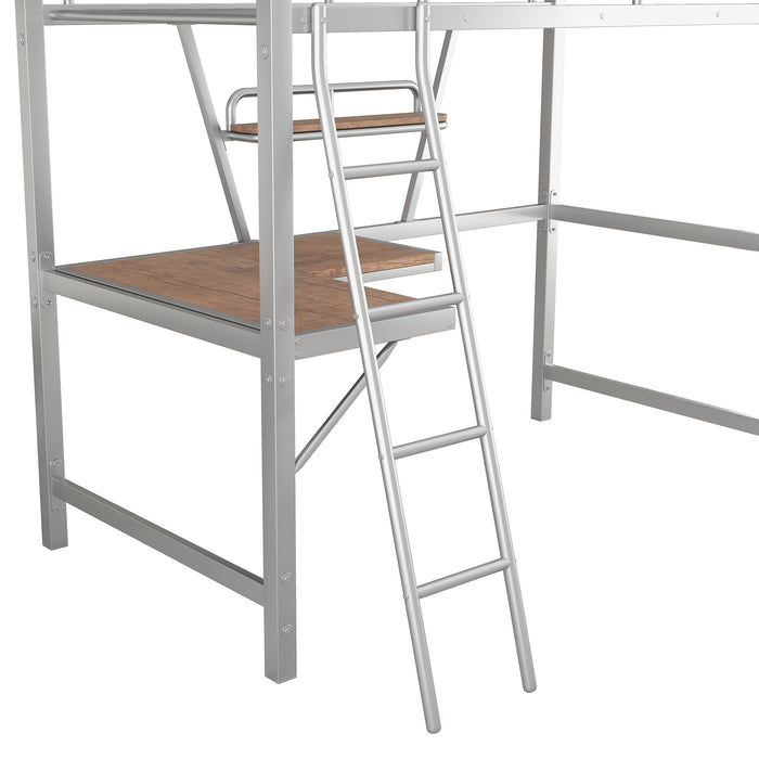 Twin Size Loft Bed with Desk and Shelf, Silver lowrysfurniturestore