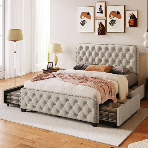 Full Beige Upholstered Platform Bed with Four Drawers Tufted Headboard and Footboard lowrysfurniturestore