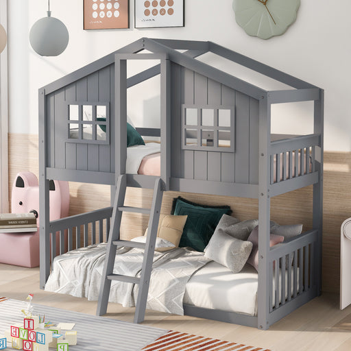 Gray Wooden Twin Over Twin House Bunk Bed With Ladder lowrysfurniturestore