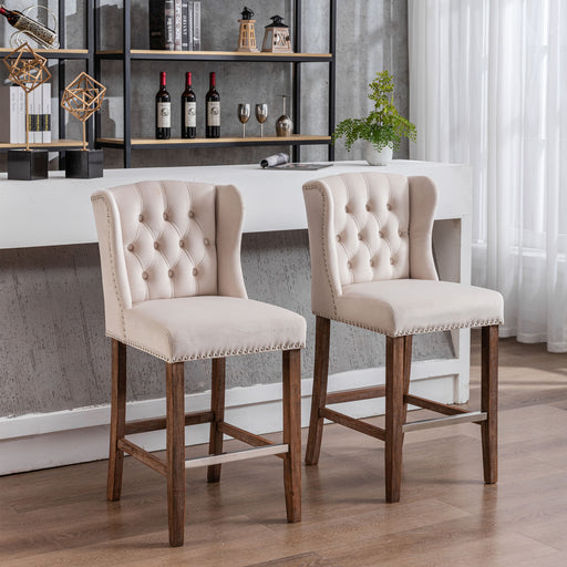 Beige 27" Counter Height Bar Stools Upholstered Wingback Chairs Set of 2 lowrysfurniturestore