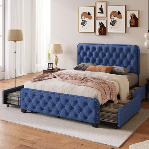 Full Blue Upholstered Platform Bed Frame with Four Drawers Tufted Headboard and Footboard lowrysfurniturestore