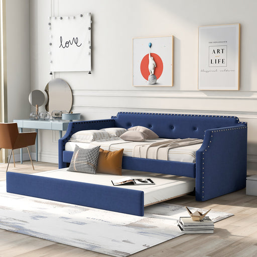 Twin Upholstered Daybed with Trundle Wood Slat Support Upholstered Frame Blue lowrysfurniturestore