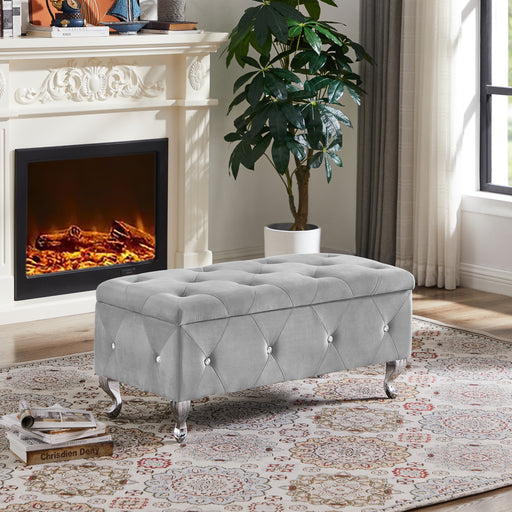 38" Gray Velvet Storage Bench with Tufted Padded Seat lowrysfurniturestore