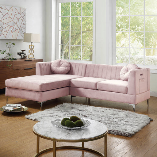 Chloe Pink Velvet Sectional Sofa Chaise with USB Charging Port lowrysfurniturestore