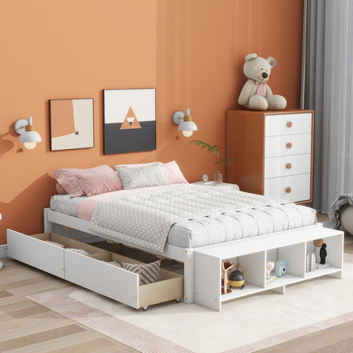 Full Bed White with 2 Storage Drawers Wood lowrysfurniturestore