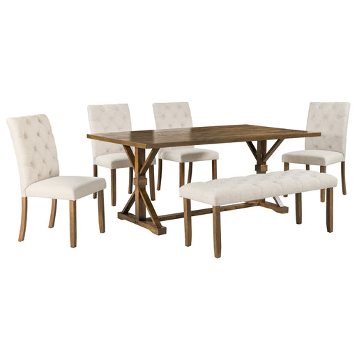 6 pc Walnut Solid Wood Farmhouse Dining Table Chair and Bench Set lowrysfurniturestore