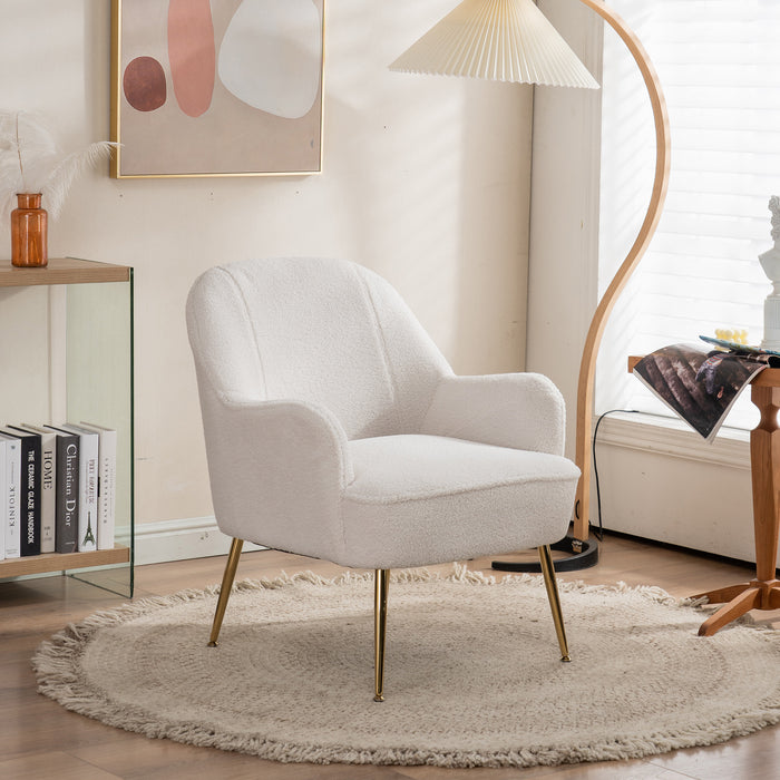 Modern Soft White Teddy fabric Ivory Ergonomics Accent Chair Living Room Chair Bedroom Chair Home Chair With Gold Legs And Adjustable Legs For Indoor Home