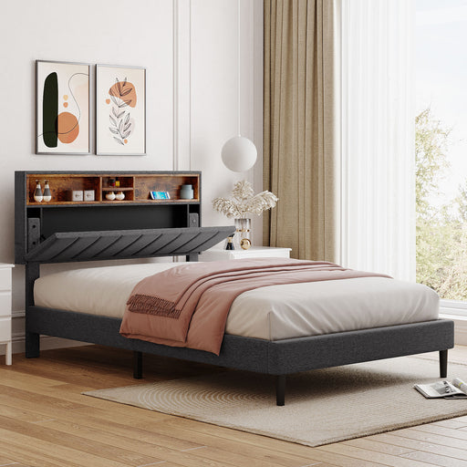 Full Gray Upholstered Platform Bed with Storage Headboard and USB Port lowrysfurniturestore