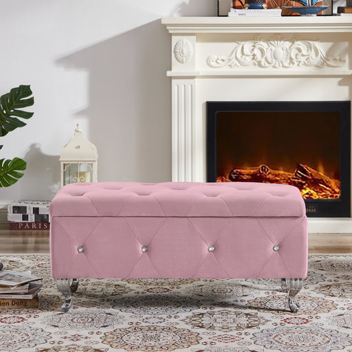 38" Pink Velvet Storage Bench with Tufted Padded Seat lowrysfurniturestore