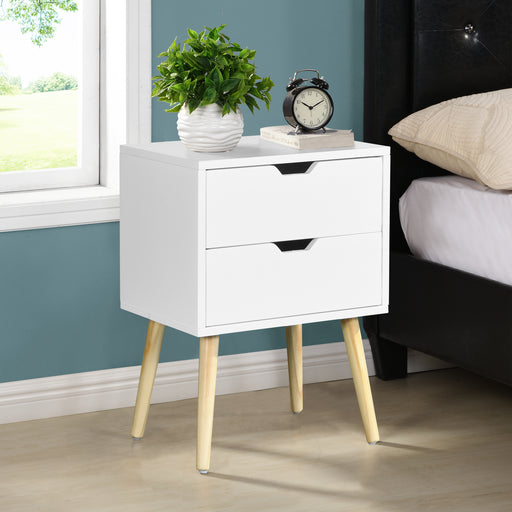 Side Table with 2 Drawer and Rubber Wood Legs, Mid-Century Modern Storage Cabinet for Bedroom Living Room Furniture, White lowrysfurniturestore