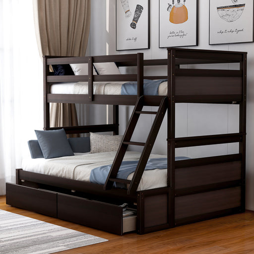 Espresso Solid Wood Twin over Full Bunk Bed with Storage lowrysfurniturestore