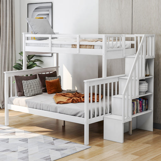 White Twin-Over-Full Bunk Bed with Stairway Storage and Guard Rail lowrysfurniturestore