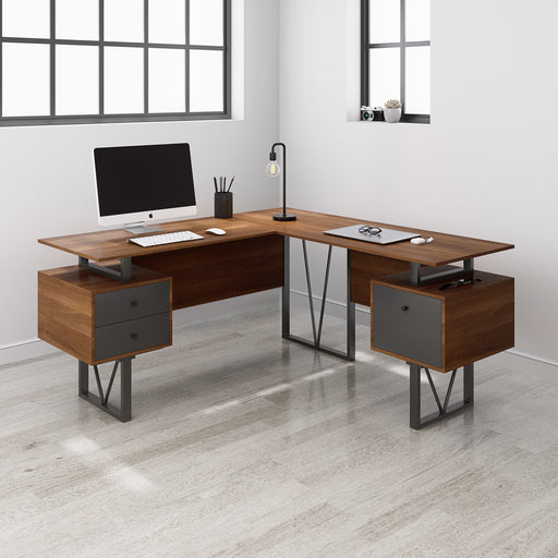 Techni Mobili Reversible L-Shape Computer Desk with Drawers and File Cabinet, Walnut lowrysfurniturestore