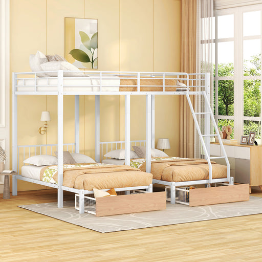 White Full Over Twin & Twin Bunk Bed Metal Triple Bunk Bed with Drawers and Guardrails lowrysfurniturestore