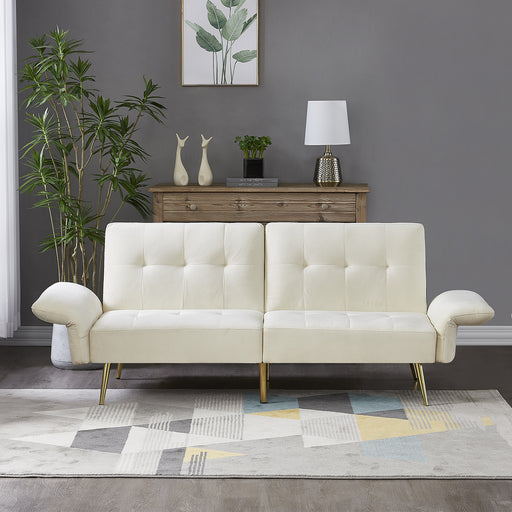 78" Italian Velvet Futon Sofa Bed, Convertible Sleeper Folded Armrests and Storage Bags Beige velvet lowrysfurniturestore