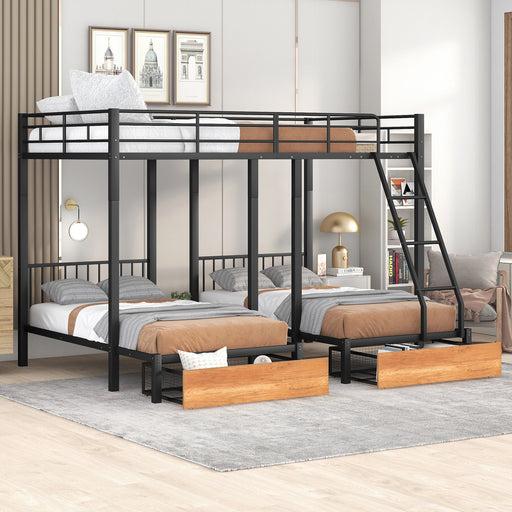 Black Full Over Twin & Twin Bunk Bed Metal Triple Bunk Bed with Drawers and Guardrails lowrysfurniturestore