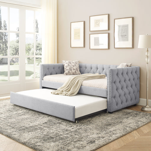 Twin Daybed with Trundle Upholstered Tufted Sofa Bed with Button and Copper Nail on Square Arm, Gray lowrysfurniturestore