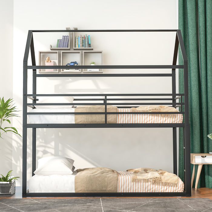 Black Twin over Twin House Bunk Bed Metal Bed Frame Built-in Ladder lowrysfurniturestore