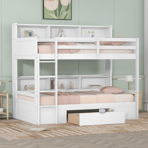 White Twin Size Bunk Bed with Built-in Shelves Upper and Lower Bed and Storage Drawer on Bottom lowrysfurniturestore