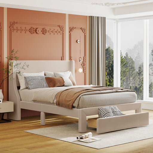 Full Beige Storage Bed Velvet Upholstered Platform Bed with a Big Drawer lowrysfurniturestore