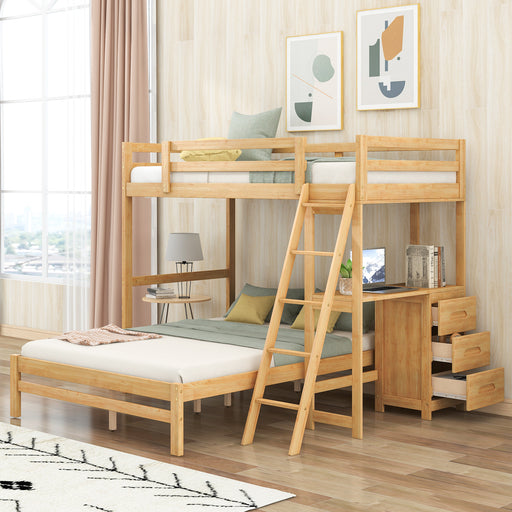 Natural Twin over Full Bunk Bed with Built-in Desk and Three Drawers lowrysfurniturestore