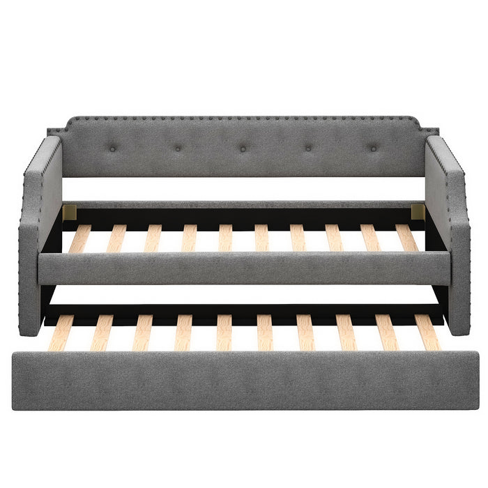 Twin Upholstered Daybed with Trundle Wood Slat Support Upholstered Gray | lowrysfurniturestore