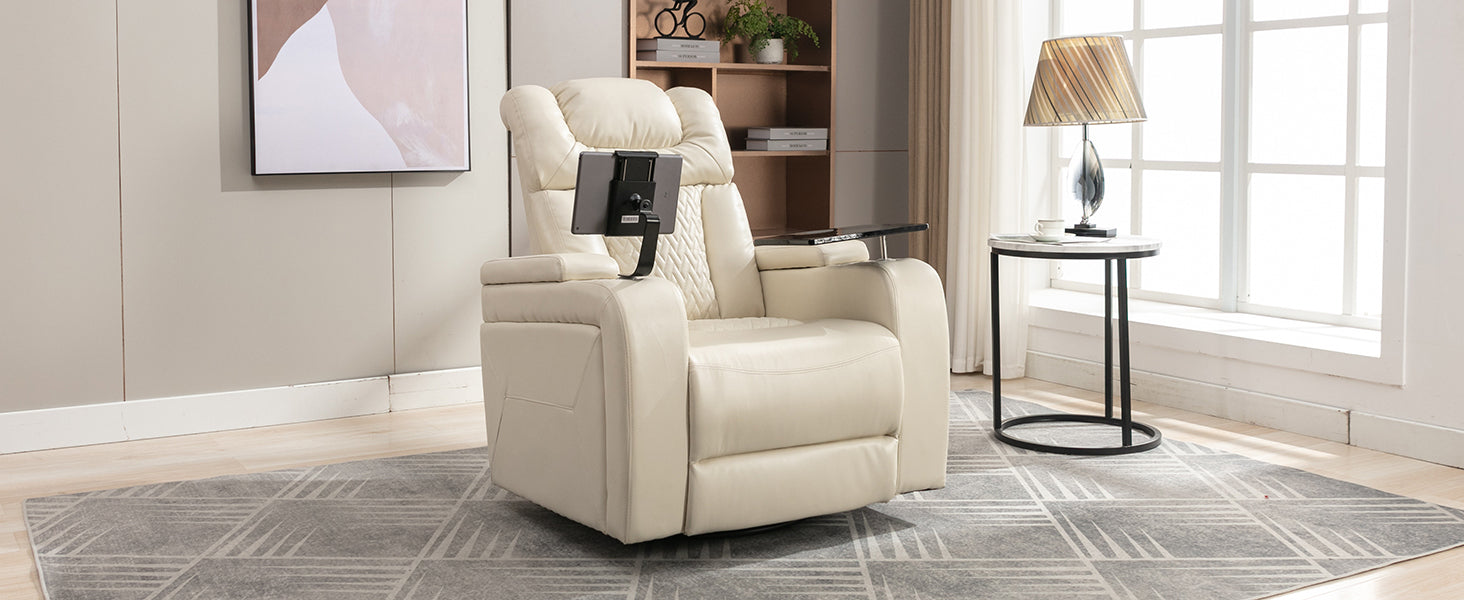 White Swivel Faux Leather Power Recliner Home Theater Tray Table Phone Holder Cup Holder USB Port Arm Storage lowrysfurniturestore