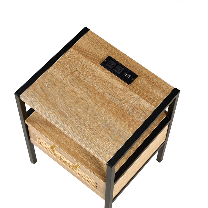 Natural Rattan Nightstand with USB Ports & Power Outlet