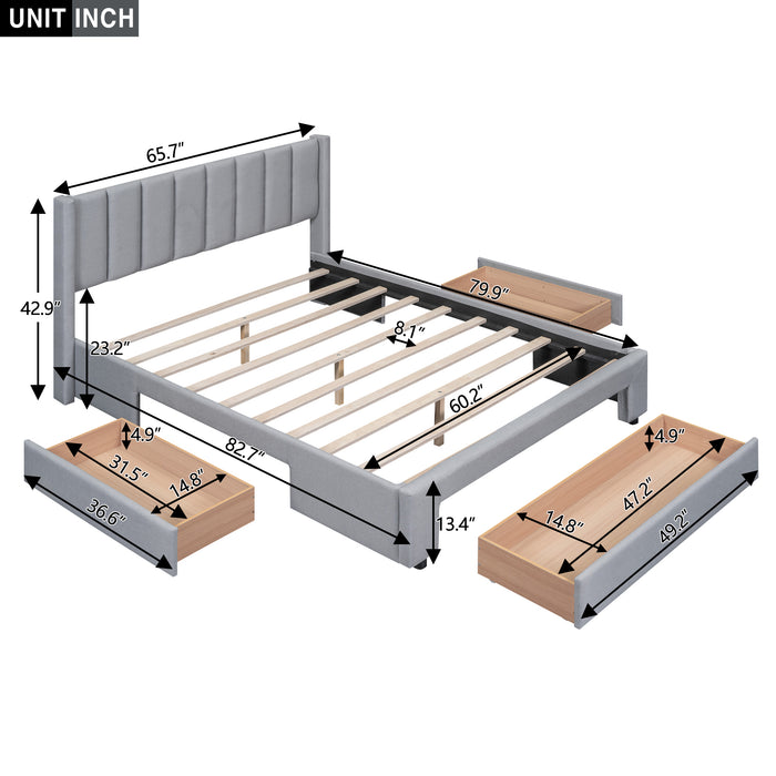 Queen Gray Upholstered Platform Bed with Storage