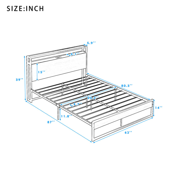 Queen White Metal Platform Bed Frame with USB Ports