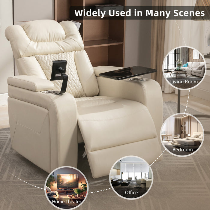 White Swivel Faux Leather Power Recliner Home Theater Tray Table Phone Holder Cup Holder USB Port Arm Storage lowrysfurniturestore