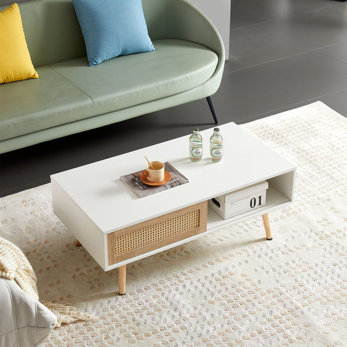 White Modern Rattan Coffee Table with Storage, 41.34"