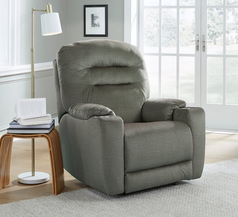 Front Row recliner by SoCozi, featuring plush fabric, gentle arms, and stainless steel cupholders in a stylish living room setting.