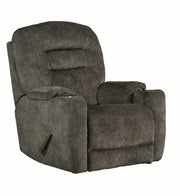 Front Row Recliner in plush gray fabric with pleated back and stainless steel cupholders.