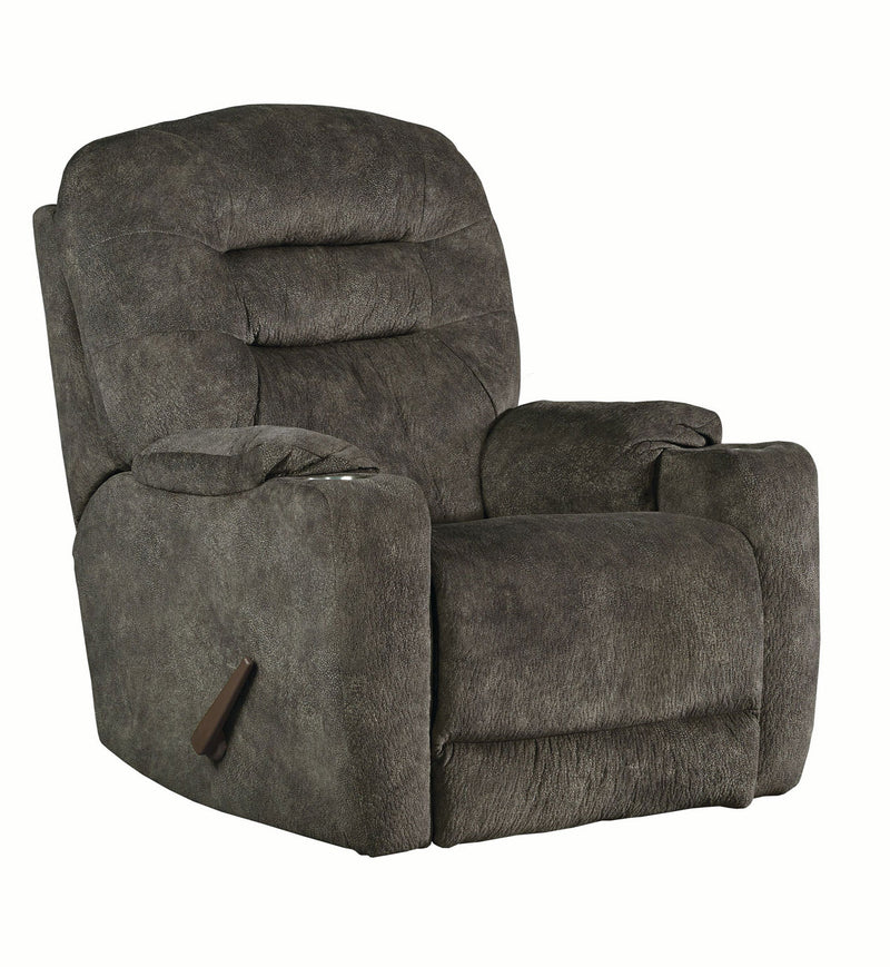 Front Row Recliner in plush gray fabric with pleated back and stainless steel cupholders.