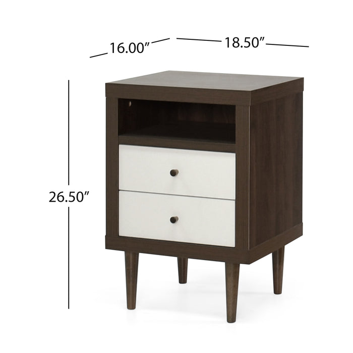 Modern Walnut and White 2-Drawer Nightstand