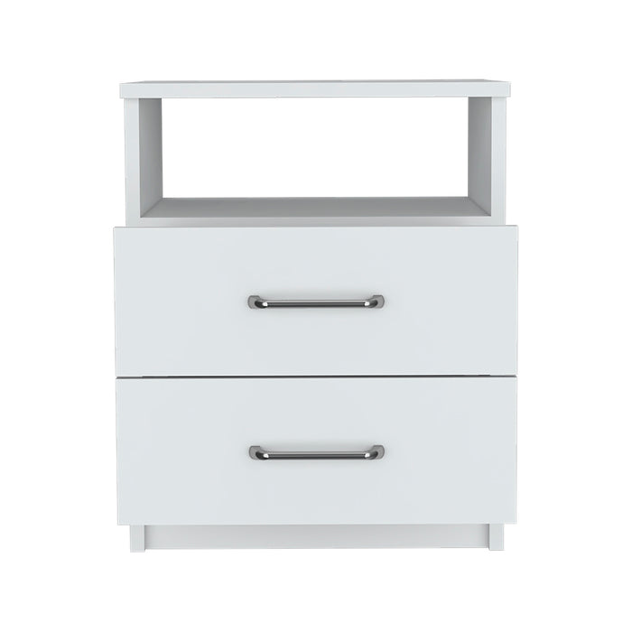 White Olienza Nightstand – Two Drawers and One Shelf