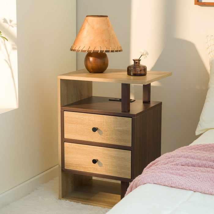 Walnut Nightstand with 2 Drawers USB Ports and Outlets