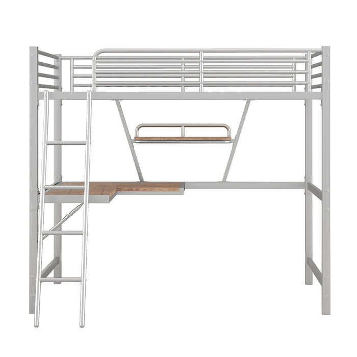 Twin Size Loft Bed with Desk and Shelf, Silver | lowrysfurniturestore