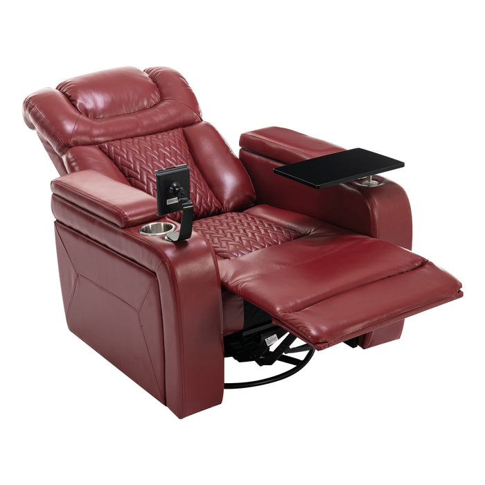 Red 270 Degree Swivel Faux Leather Power Recliner Home Theater Recliner Tray Table Phone Holder Cup Holder USB Port Hidden Arm Storage | lowrysfurniturestore