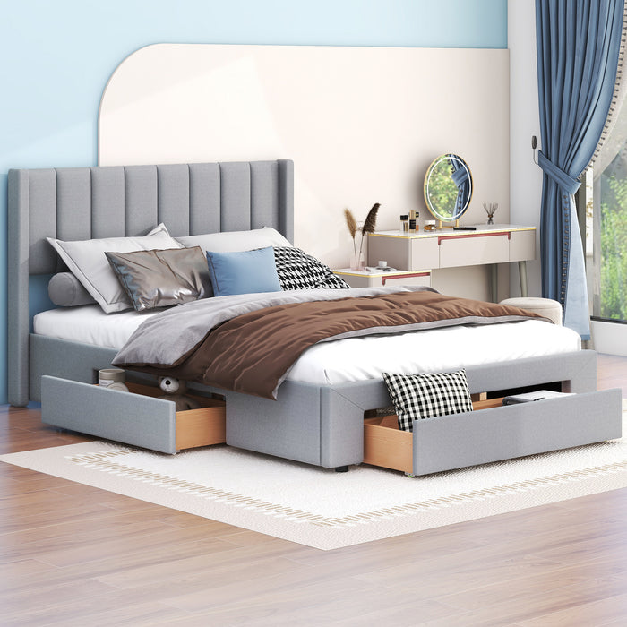 Queen Gray Upholstered Platform Bed with Storage