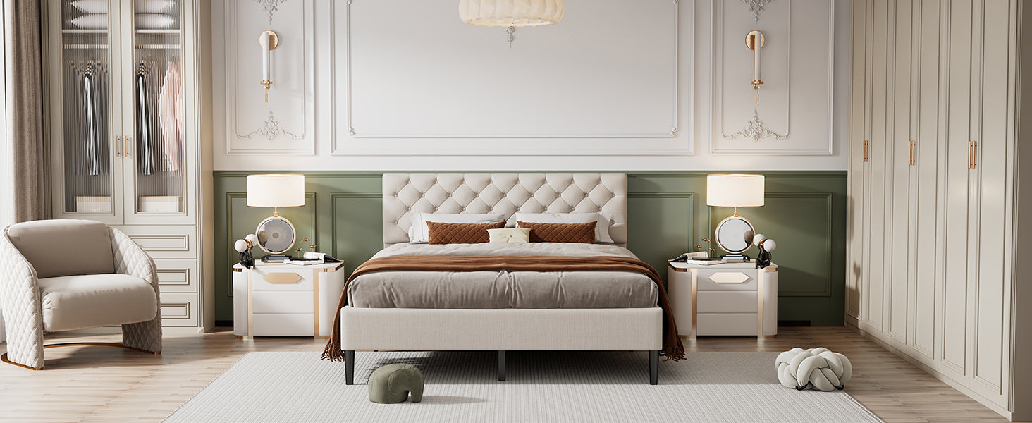 Queen Beige Upholstered Linen Platform Bed