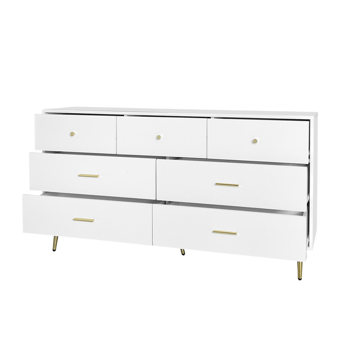 White 7-Drawer Chest with Golden Handles and Legs