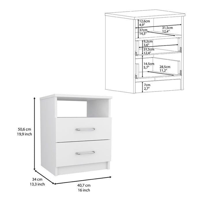 White Olienza Nightstand – Two Drawers and One Shelf