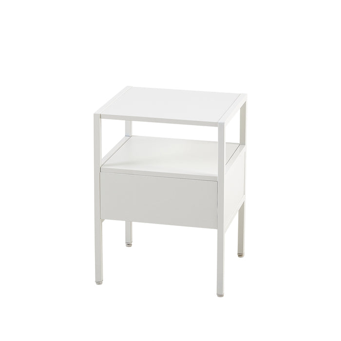 White Rattan End Table with Single Drawer and Metal Legs