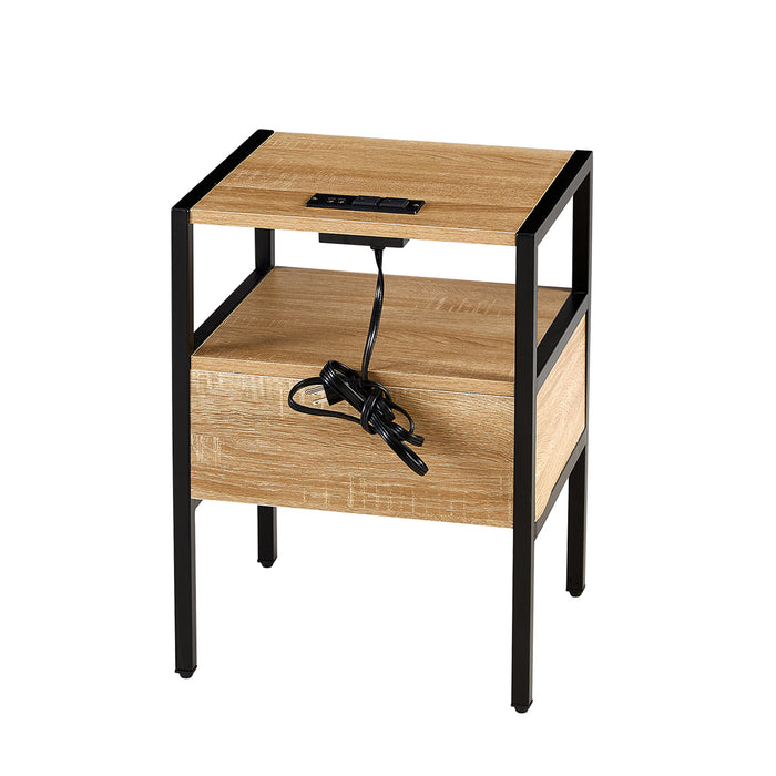 Natural Rattan Nightstand with USB Ports & Power Outlet