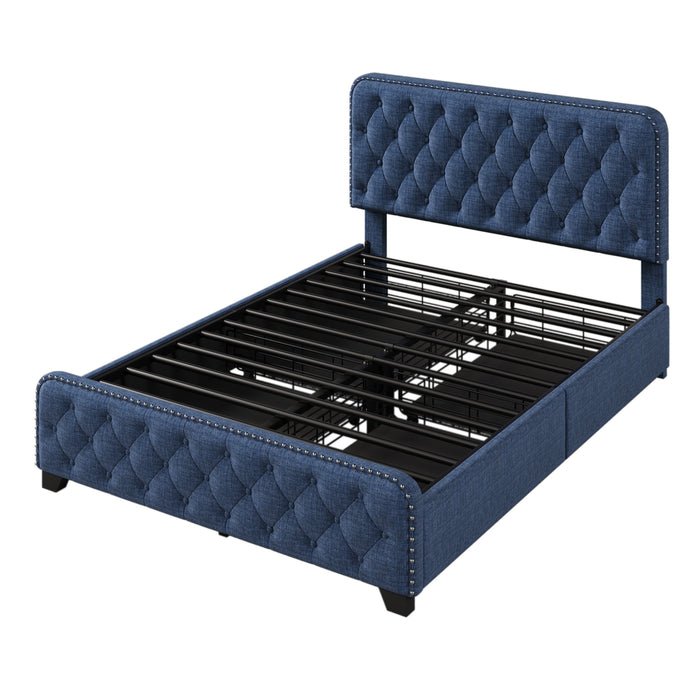 Full Upholstered Platform Bed Frame with Four Drawers, Button Tufted Headboard and Footboard Sturdy Metal Support, No Box Spring Required, Blue, Full (Old sku:BS300281AAC) | lowrysfurniturestore