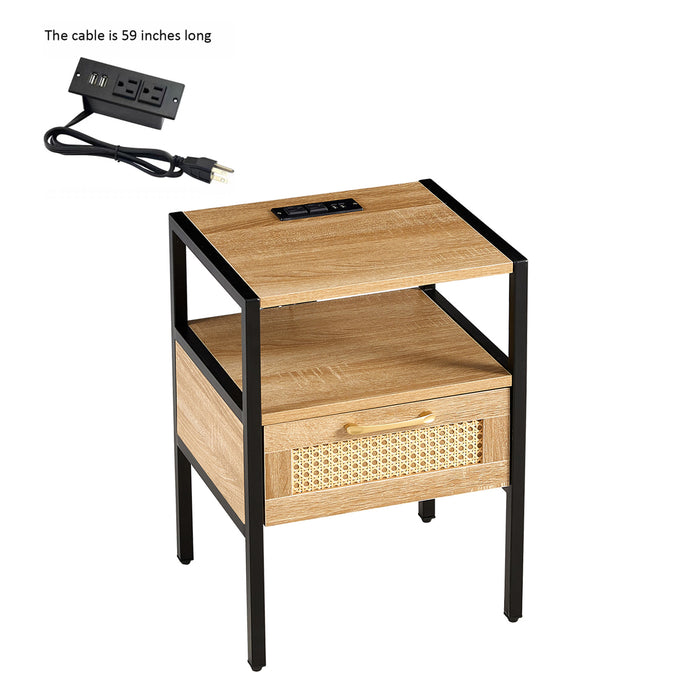 Natural Rattan Nightstand with USB Ports & Power Outlet